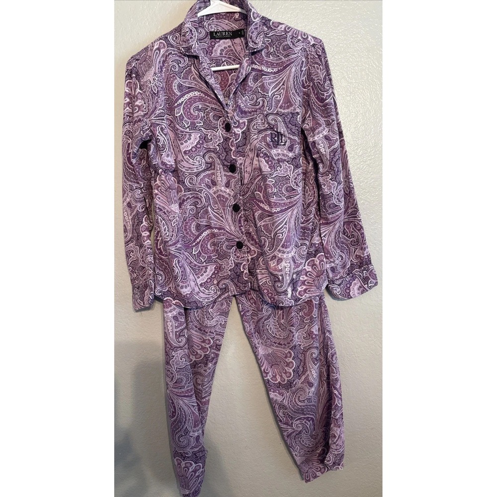 Lauren Ralph Lauren Women's Plum Paisley Pajama Set Crop Pants Sz S 100% Cotton